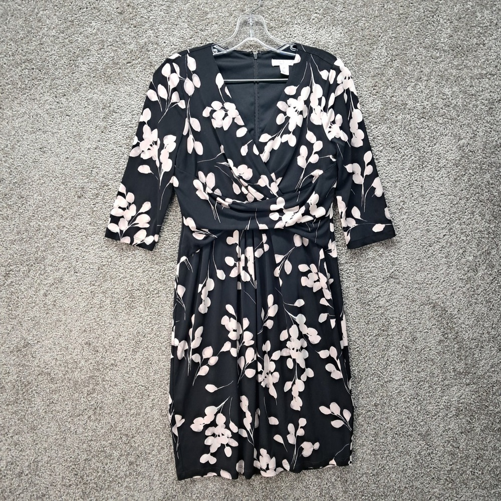 London Style Collection Petites Black White Floral V-Neck Sheath Dress 4P 153031